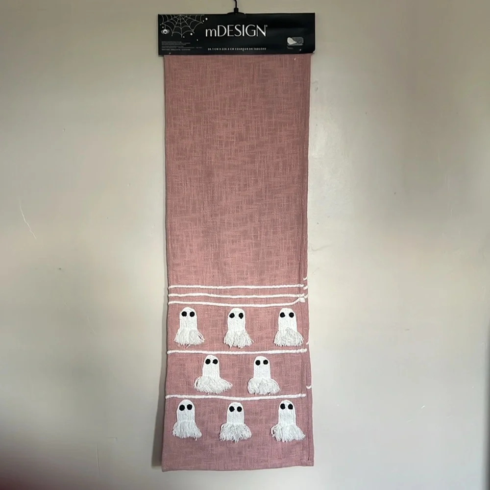 mDesign Halloween Spooky Cute Ghost Soft Pink Fringe Table Runner NWT